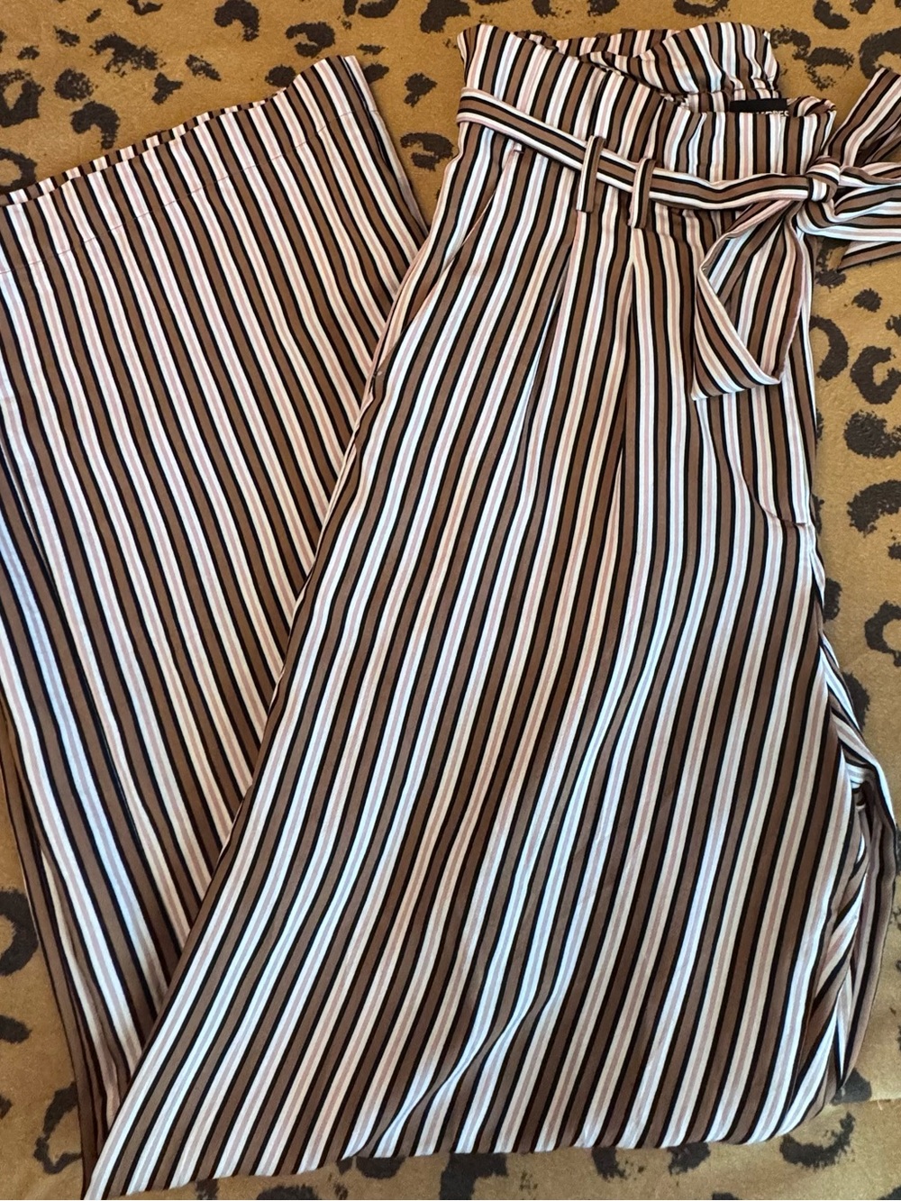 Striped Paperbag Wide-Leg EXPRESS Pants Brown White & Pink